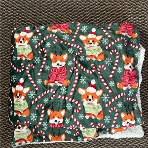 Cute Corgi Candy Cane Holiday Throw Blanket - Green